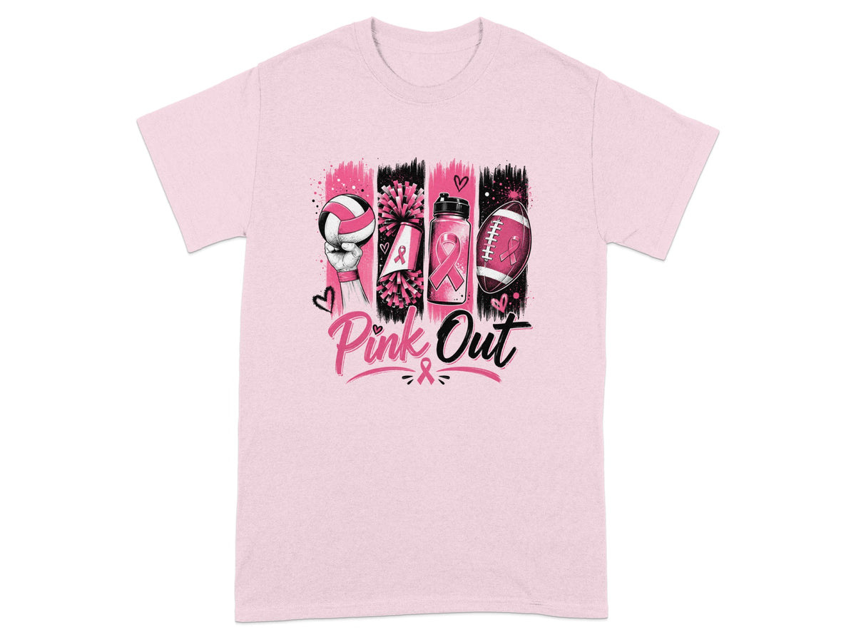 Pink t-shirt with "Pink Out" text and breast cancer awareness ribbons.