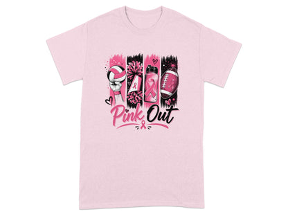 Pink t-shirt with "Pink Out" text and breast cancer awareness ribbons.