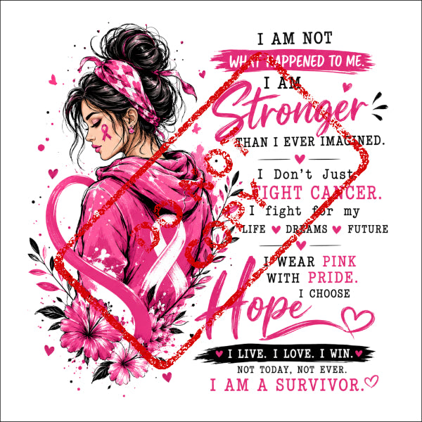 Woman with pink ribbon and inspirational text about fighting cancer.