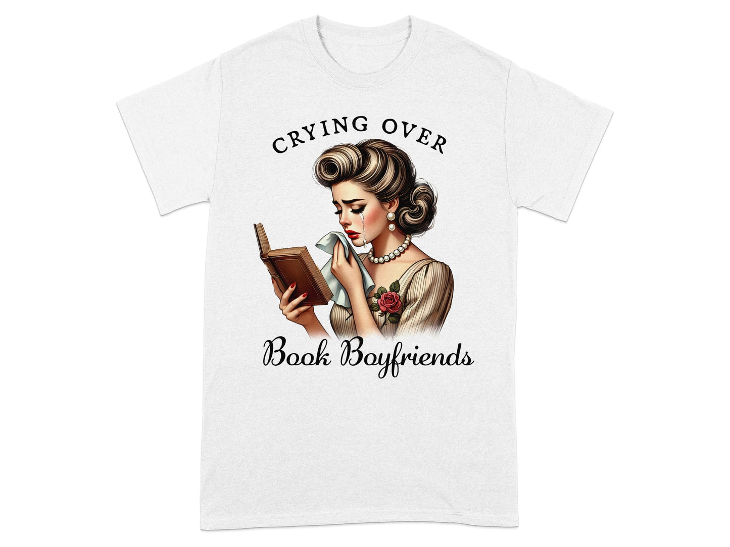 T-shirt graphic with text "Crying Over" and "Book Boyfriends" above a crying woman reading a book.