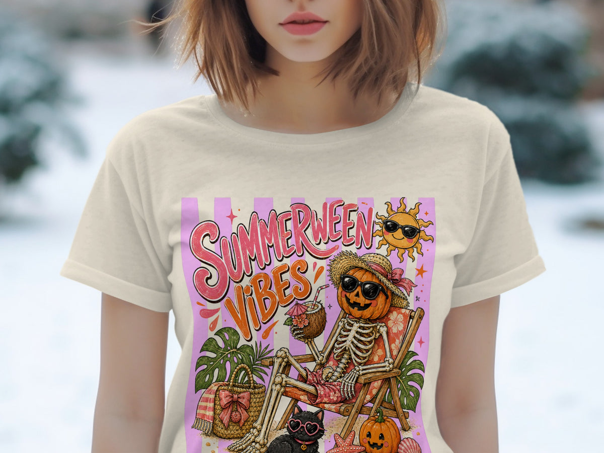 Skeleton with pumpkin head relaxing in beach chair, text "SUMMERWEEN VIBES".