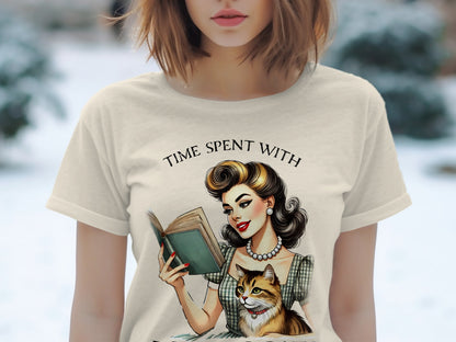 Woman reading a book with a cat, "Time spent with" text.