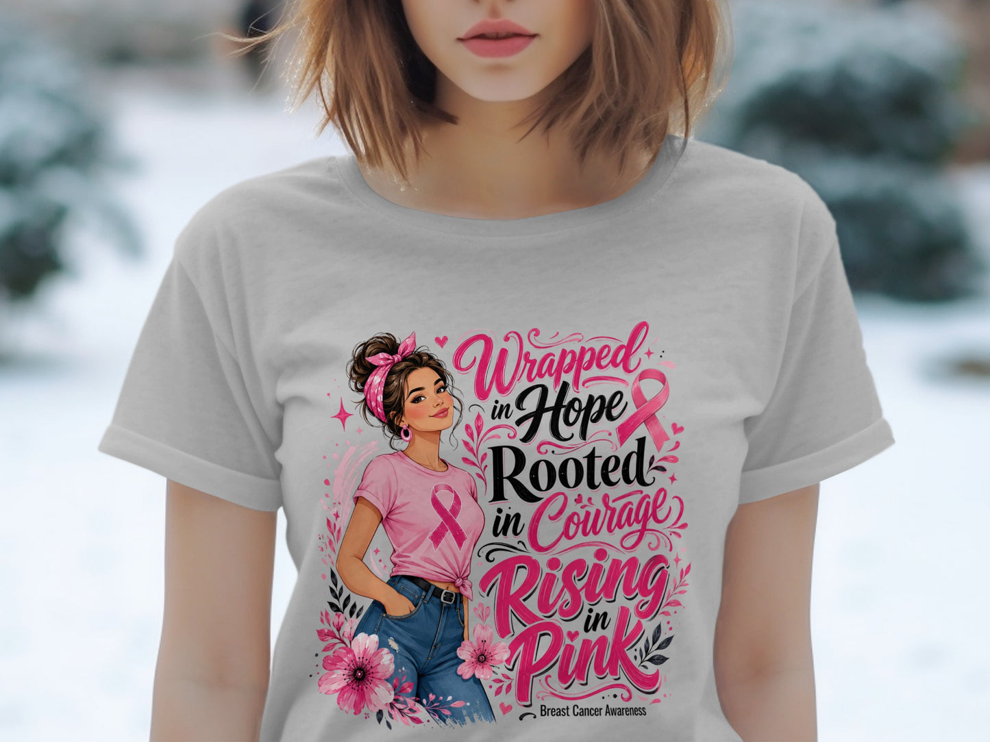 "Wrapped in Hope Rooted in Courage Rising in Pink" Breast Cancer Awareness graphic.