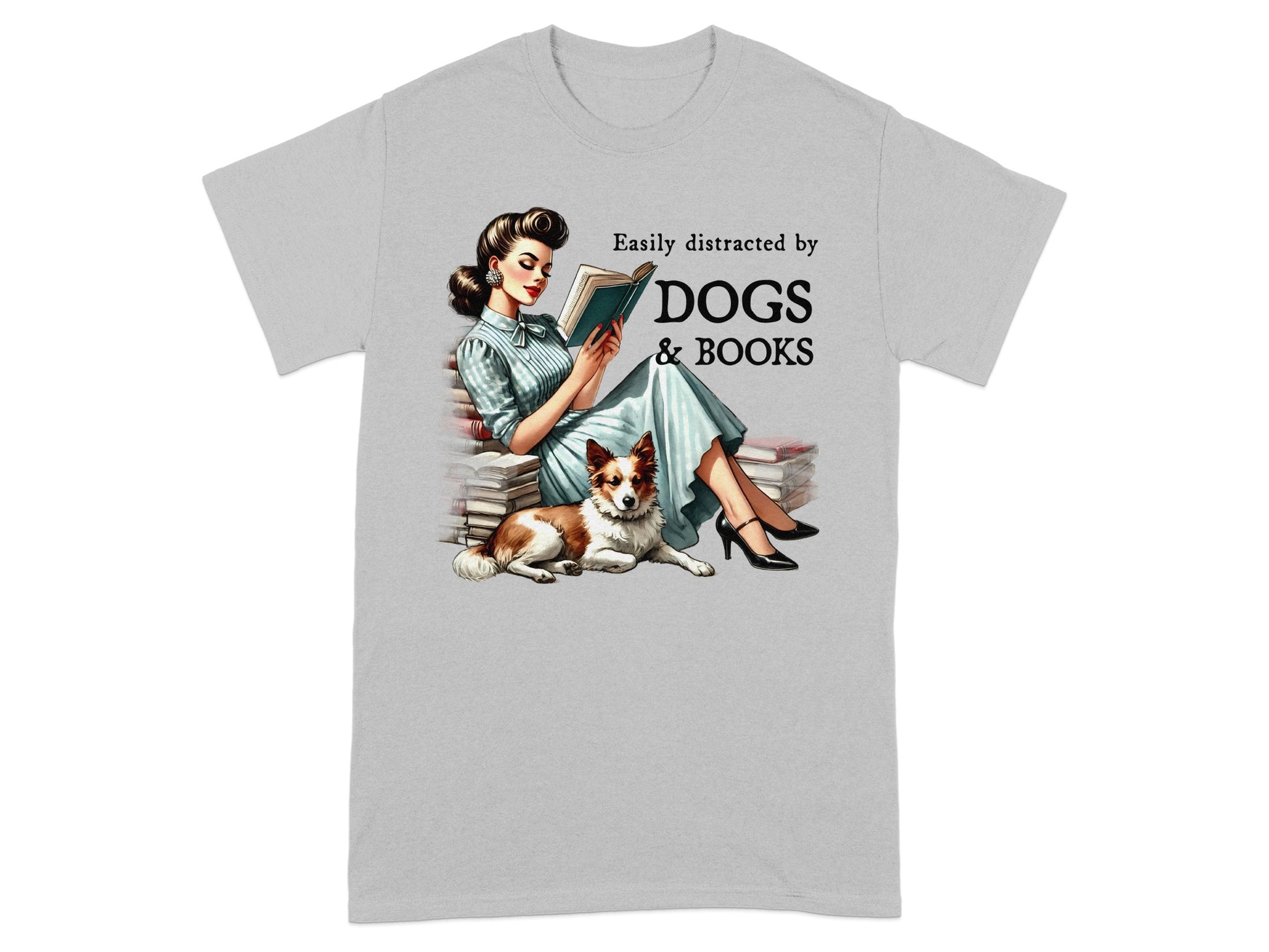Woman reading surrounded by books with dog, "Easily distracted by dogs & books" text.