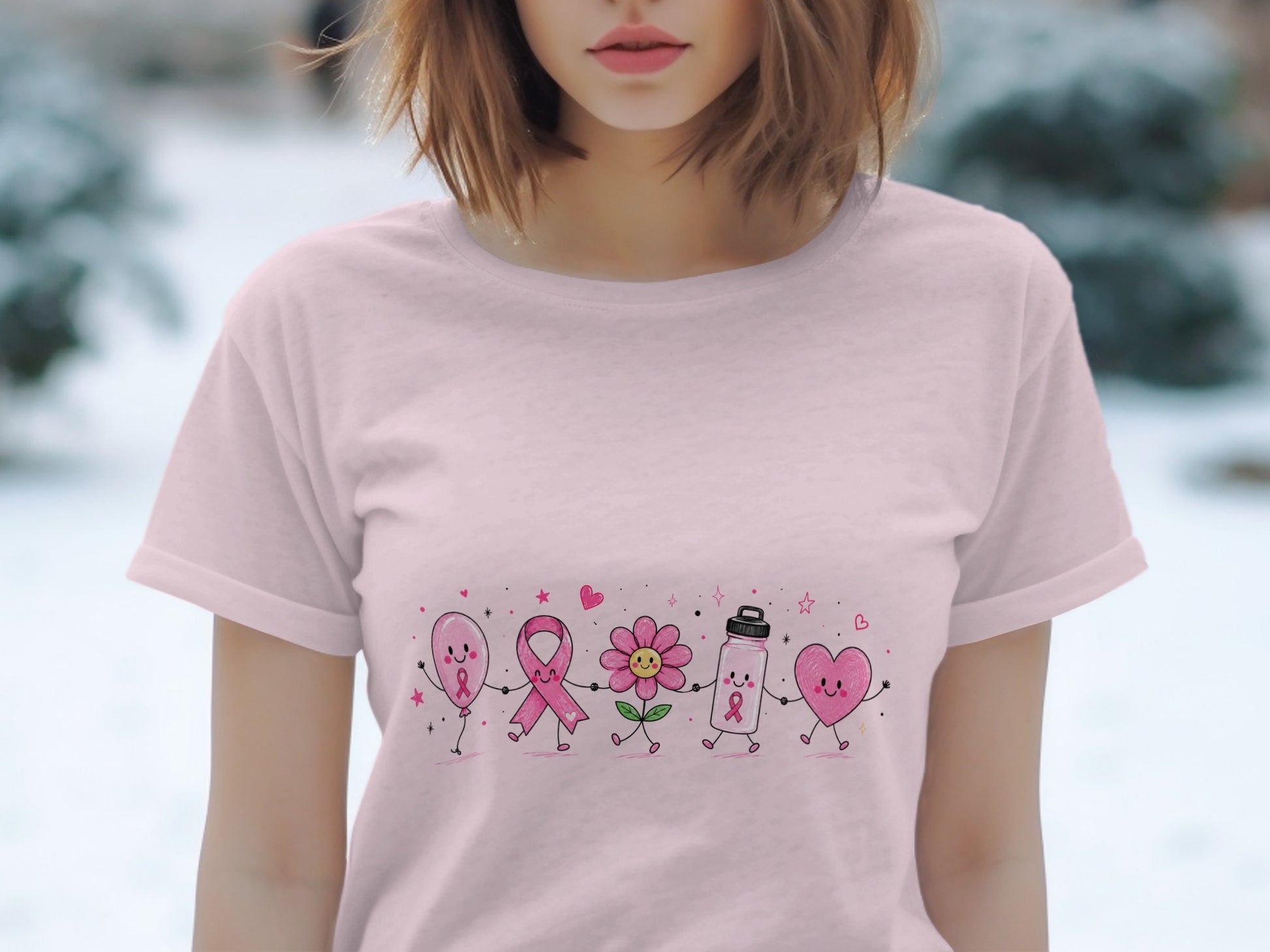 Pink t-shirt with cartoon balloon, ribbon, flower, bottle, and heart holding hands.