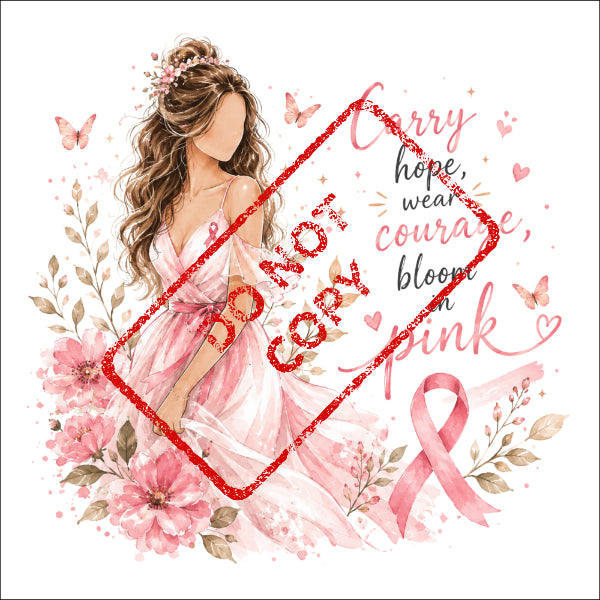 Woman in pink dress with breast cancer ribbon, butterflies, flowers, and text.