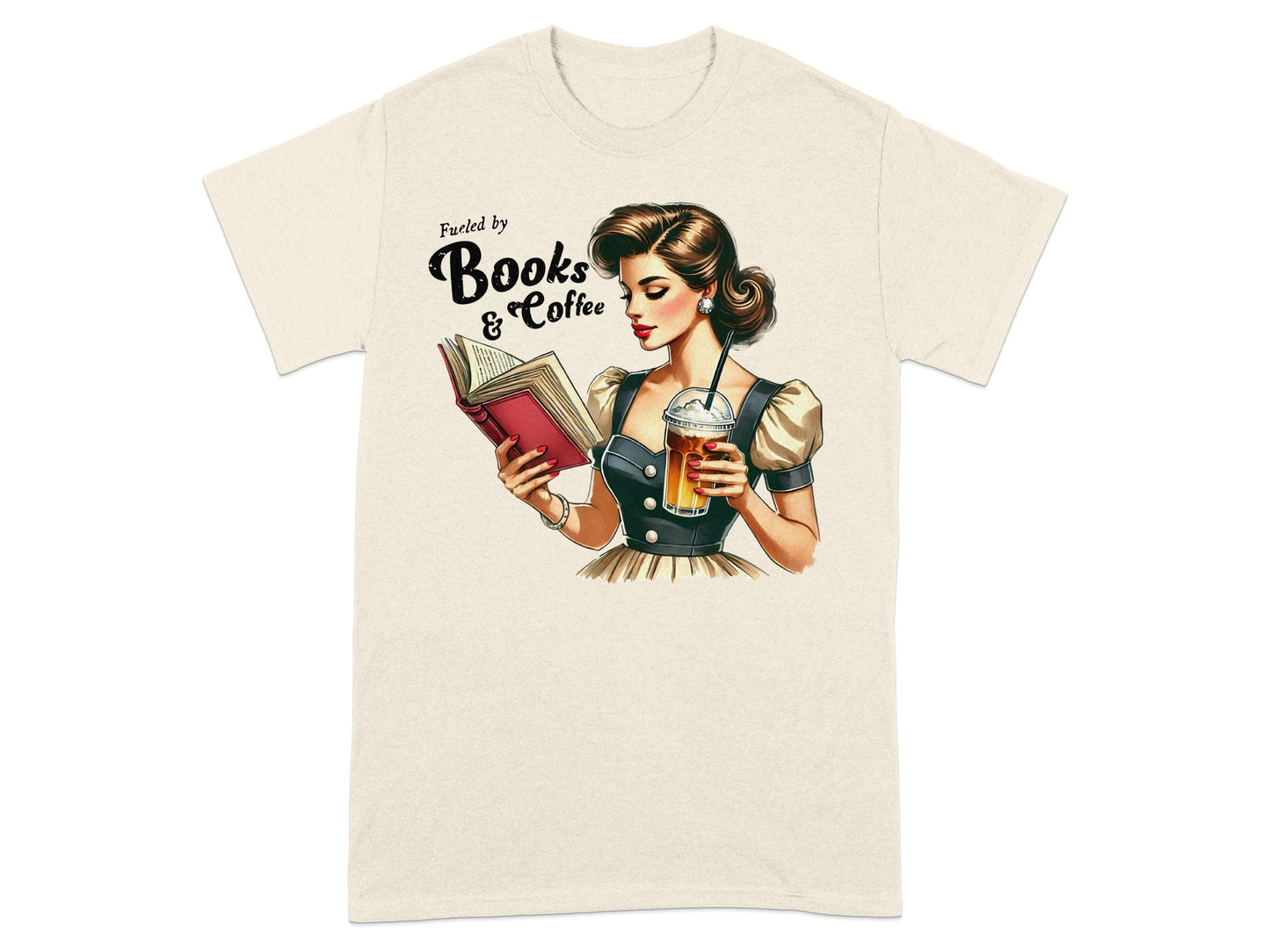 Woman reading a book and holding a coffee with text "Fueled by Books & Coffee".