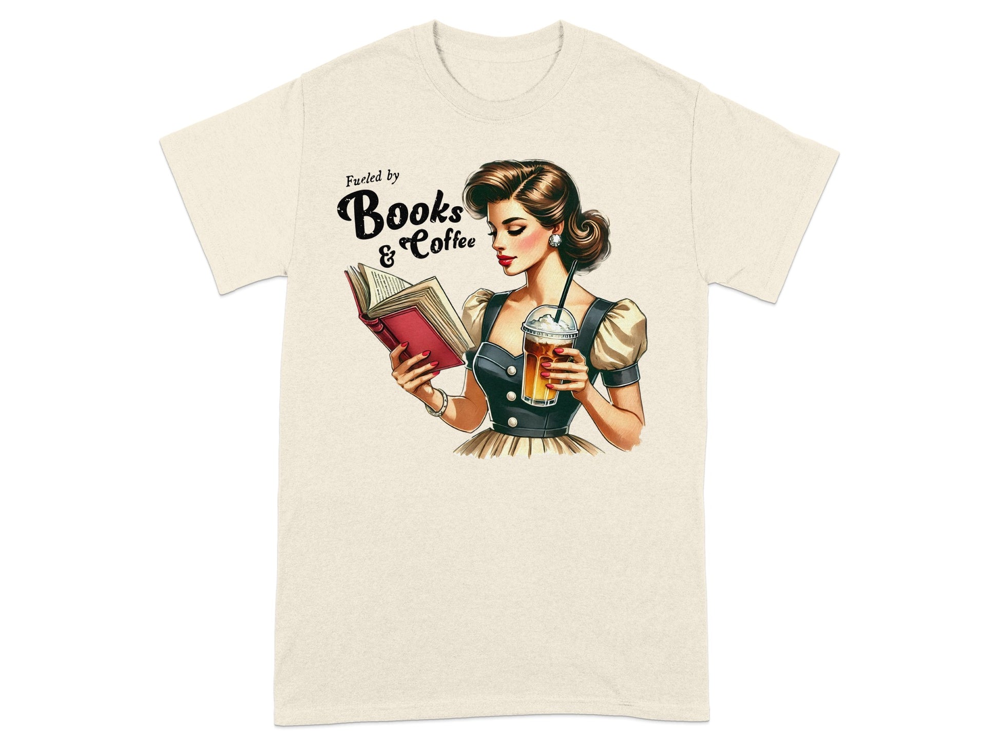 Woman reading a book and holding a coffee with text "Fueled by Books & Coffee".