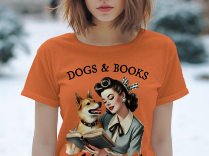 Retro woman and dog reading a book with "DOGS & BOOKS" text.