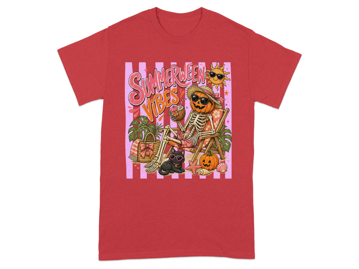Skeleton with pumpkin head on beach chair with text "Summerween Vibes".