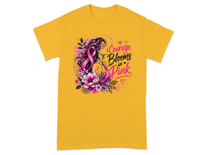 Yellow t-shirt with "Courage Blooms in Pink" and floral breast cancer ribbon design.