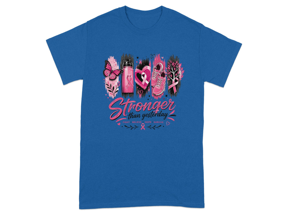 Blue t-shirt with "Stronger than yesterday" text and breast cancer awareness graphics.