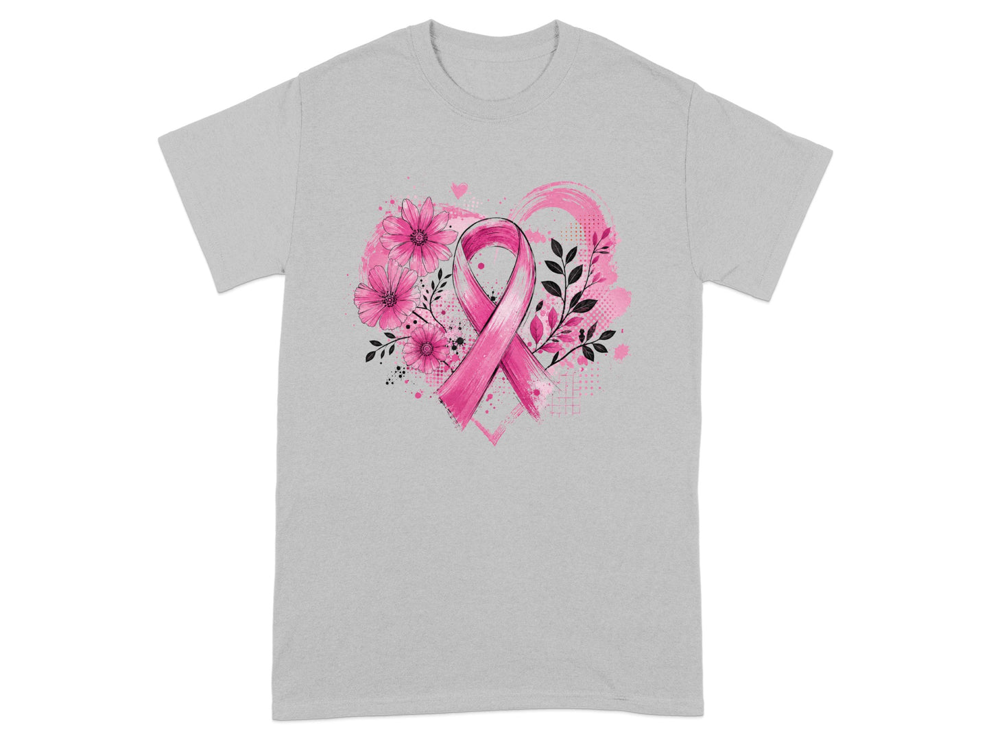 Grey t-shirt with pink ribbon, flowers, leaves, and watercolor heart design.