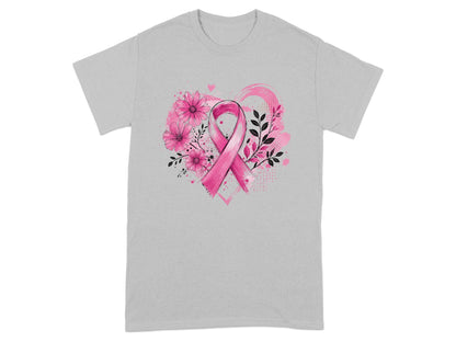 Grey t-shirt with pink ribbon, flowers, leaves, and watercolor heart design.