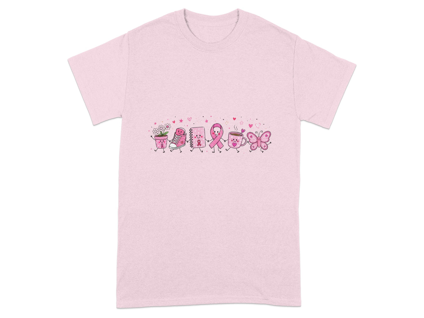 Pink t-shirt with a row of cute, animated pink ribbon, notebook, shoe, flower, and butterfly.