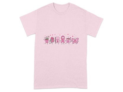 Pink t-shirt with a row of cute, animated pink ribbon, notebook, shoe, flower, and butterfly.