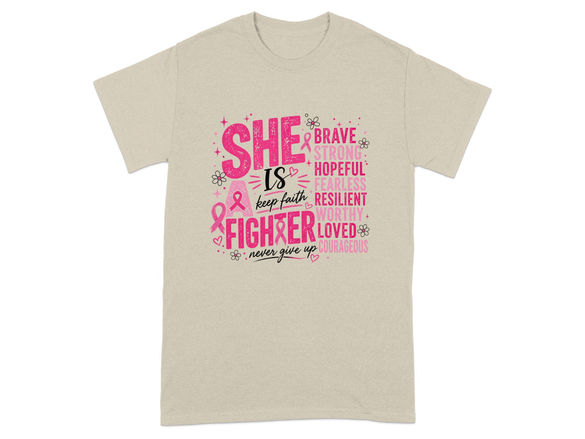 SHE IS a fighter brave strong hopeful fearless resilient worthy loved courageous never give up.