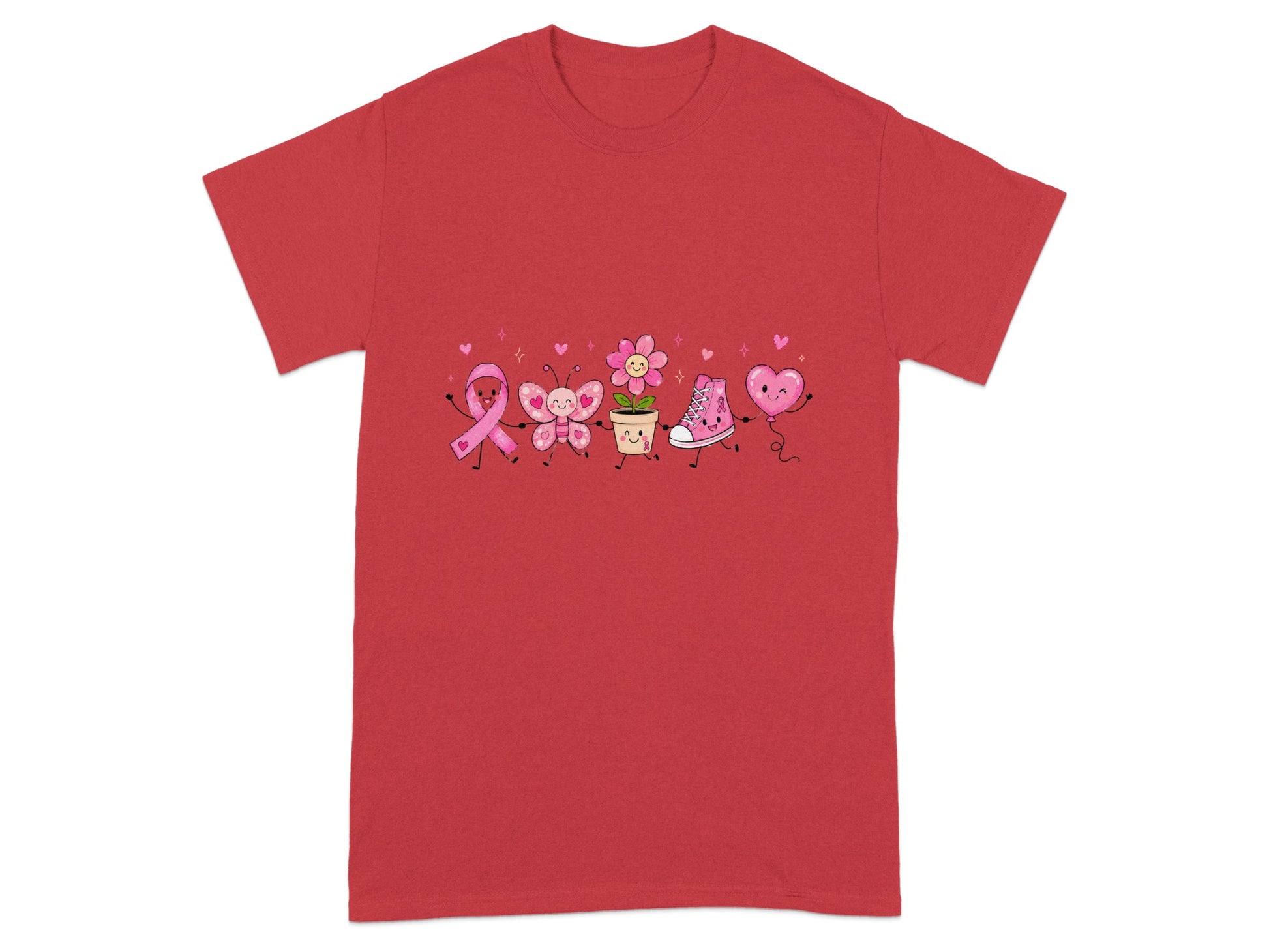 Red t-shirt with cartoon pink ribbon, butterfly, flower, shoe, and heart celebrating awareness.