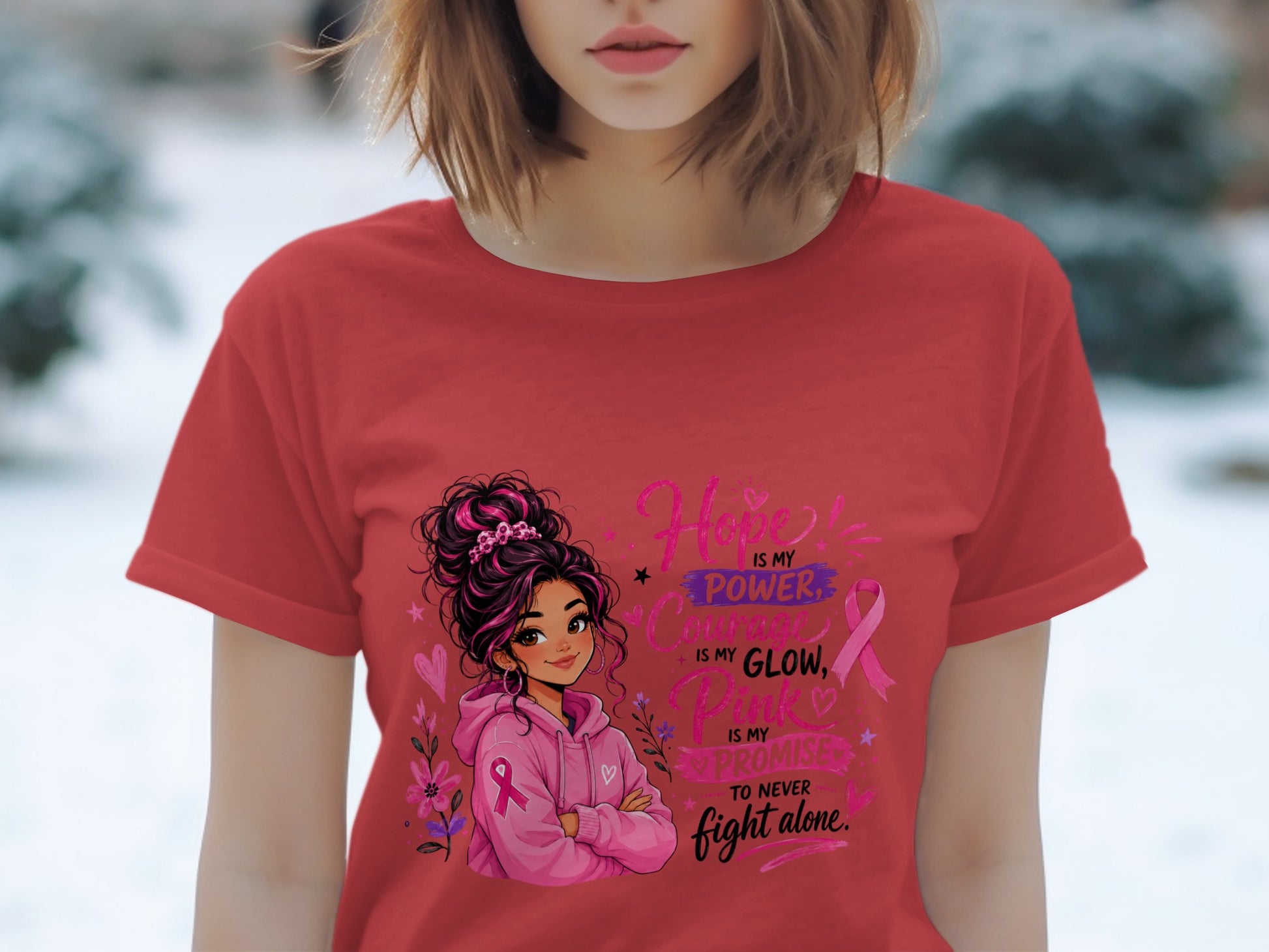 Red t-shirt with illustration of a girl and text "Hope is my Power".