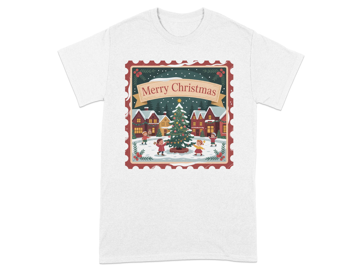 Christmas village scene with children and tree on a white t-shirt.