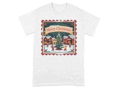 Christmas village scene with children and tree on a white t-shirt.