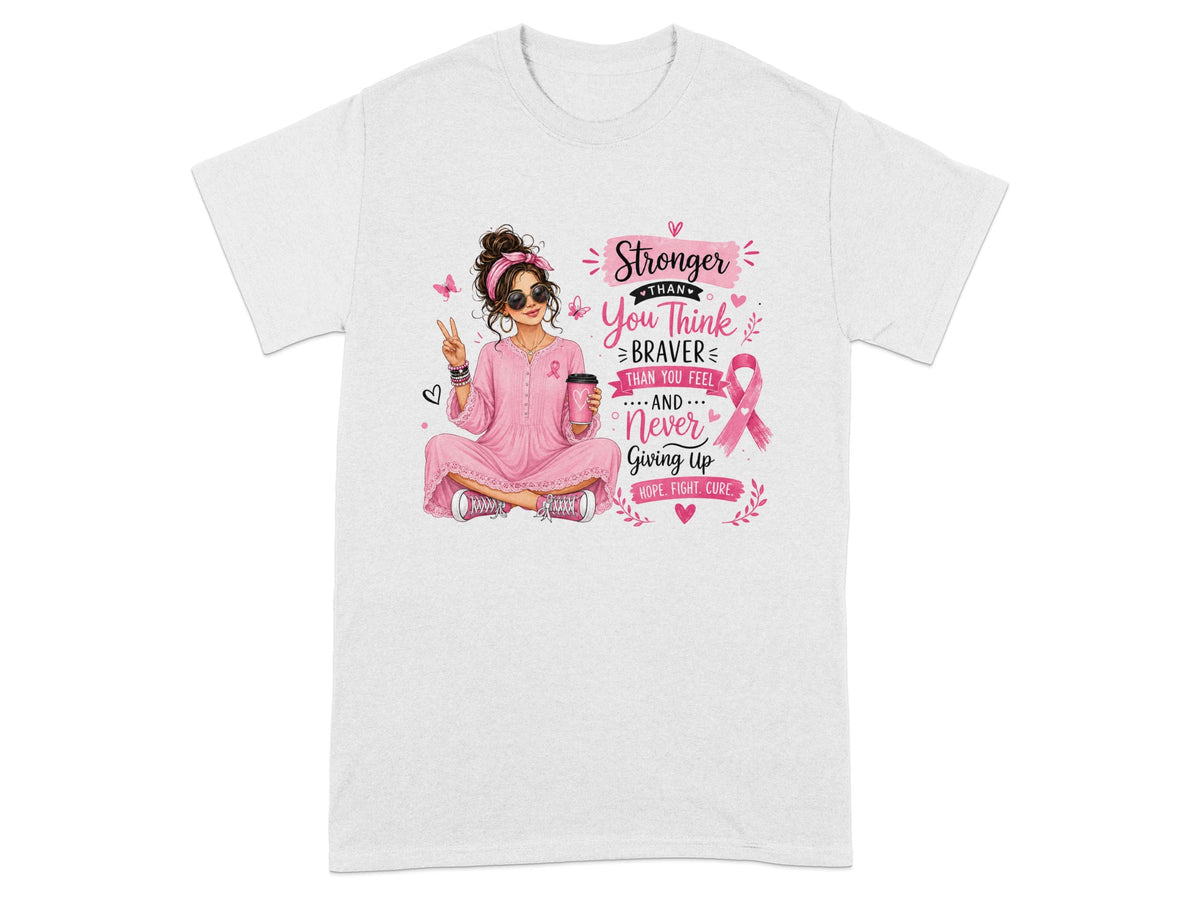 Woman with coffee cup and pink ribbon, "Stronger Than You Think, Braver Than You Feel, Never Giving Up".