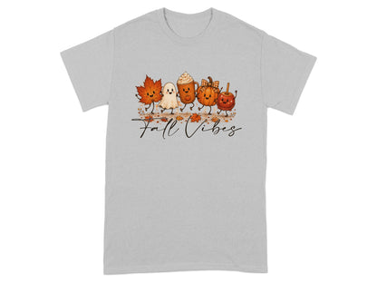 Fall Vibes graphic on grey t-shirt with autumn characters and leaves.