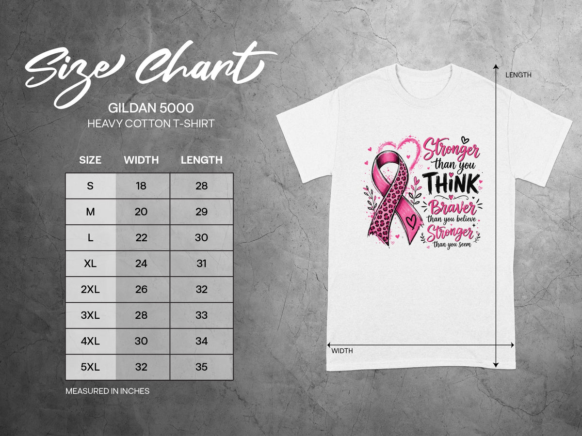 GILDAN 5000 t-shirt size chart with breast cancer awareness graphic.