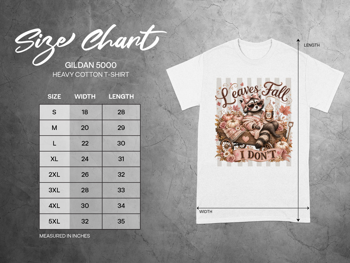 Gildan 5000 heavy cotton t-shirt size chart with raccoon graphic.