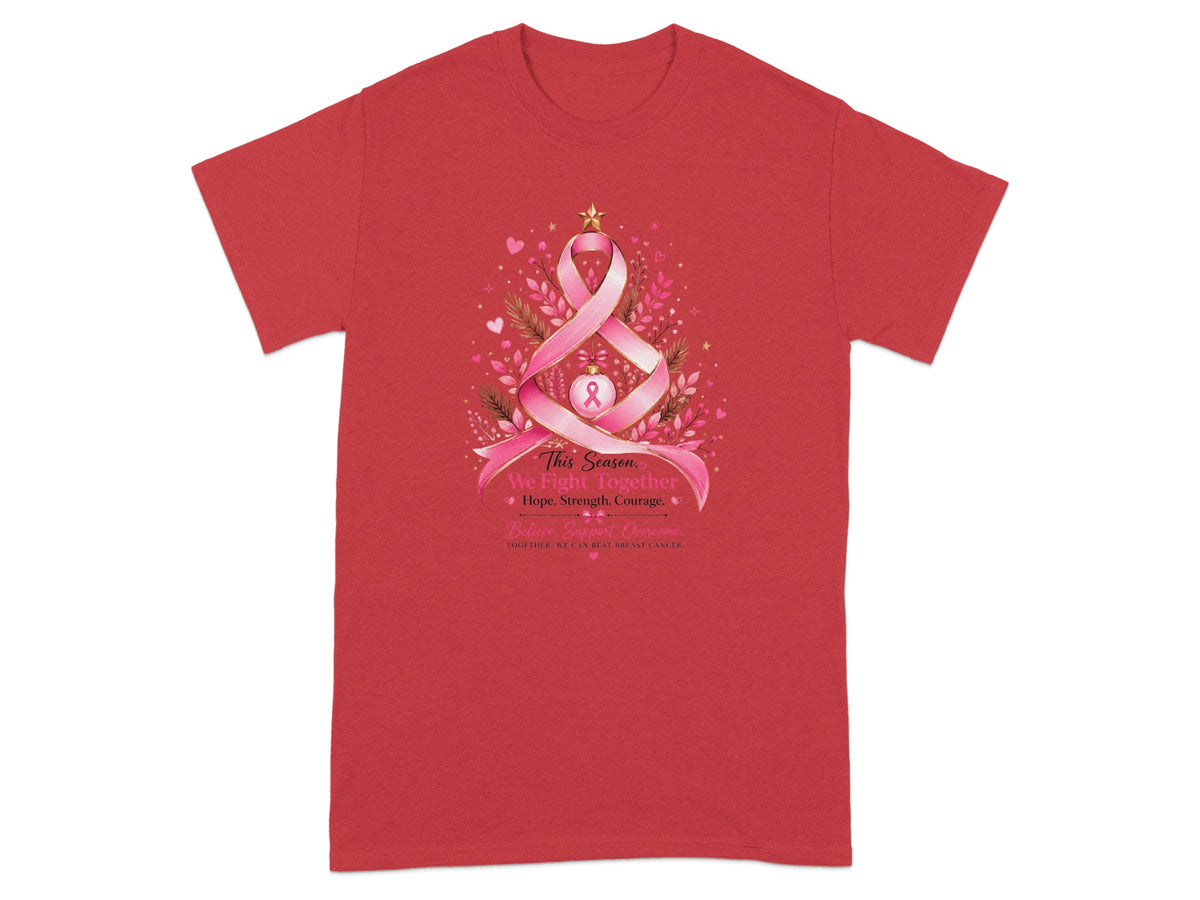 Red t-shirt with Christmas tree design featuring pink ribbons, text: "This Season We Fight Together"