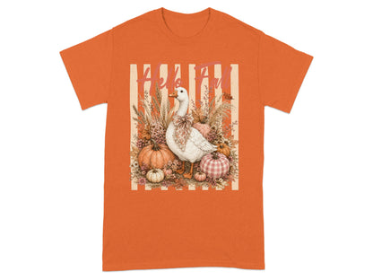 White goose with floral bow surrounded by pumpkins and fall foliage, "Hello Fall" text.