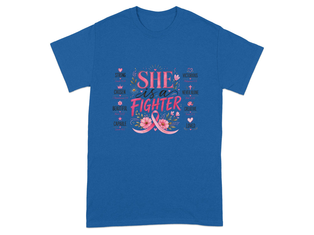 Blue t-shirt with "SHE is a FIGHTER" text, pink ribbon, and inspirational words.