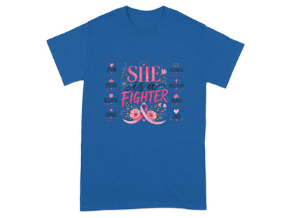 Blue t-shirt with "SHE is a FIGHTER" text, pink ribbon, and inspirational words.