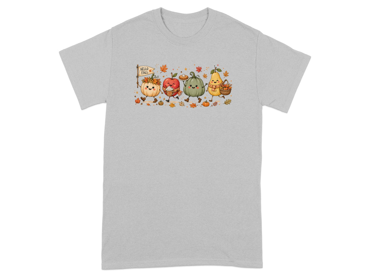 Cute fall characters, including a pumpkin, apple, and pear, holding a "Hello Fall" sign.
