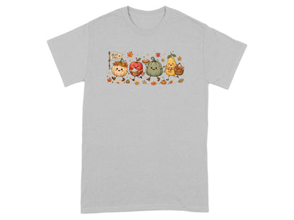Cute fall characters, including a pumpkin, apple, and pear, holding a "Hello Fall" sign.