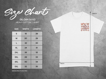 Gildan 5000 Heavy Cotton T-Shirt size chart with width and length measurements in inches.
