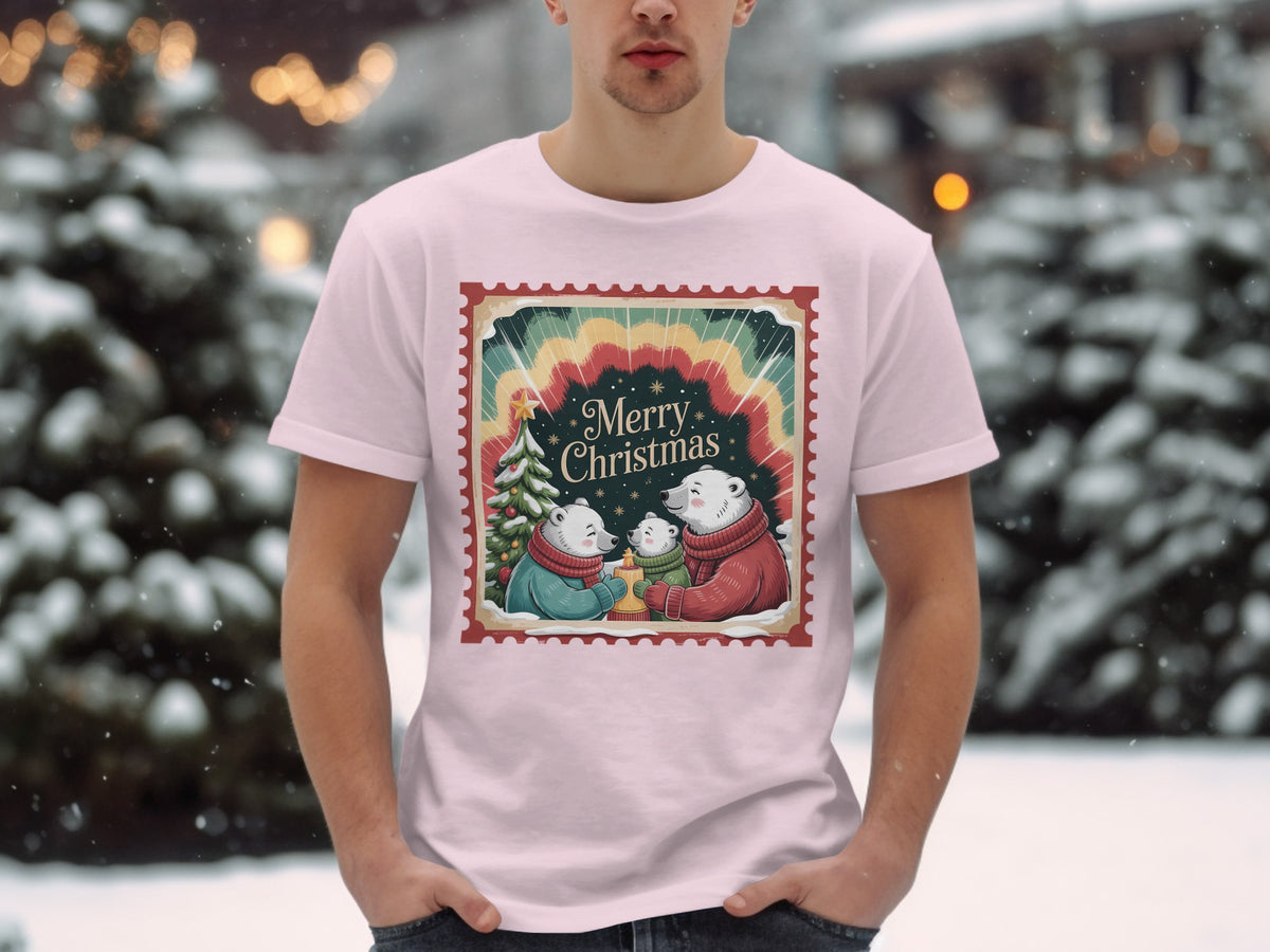 Christmas t-shirt with polar bears, tree, and "Merry Christmas" text.