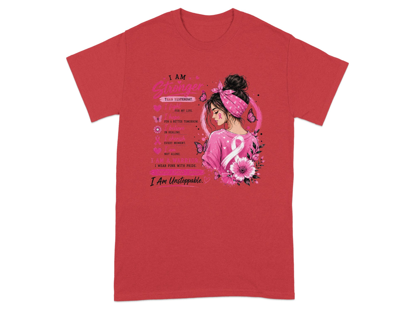 "I AM Stronger THAN YESTERDAY" graphic with woman and pink ribbon.