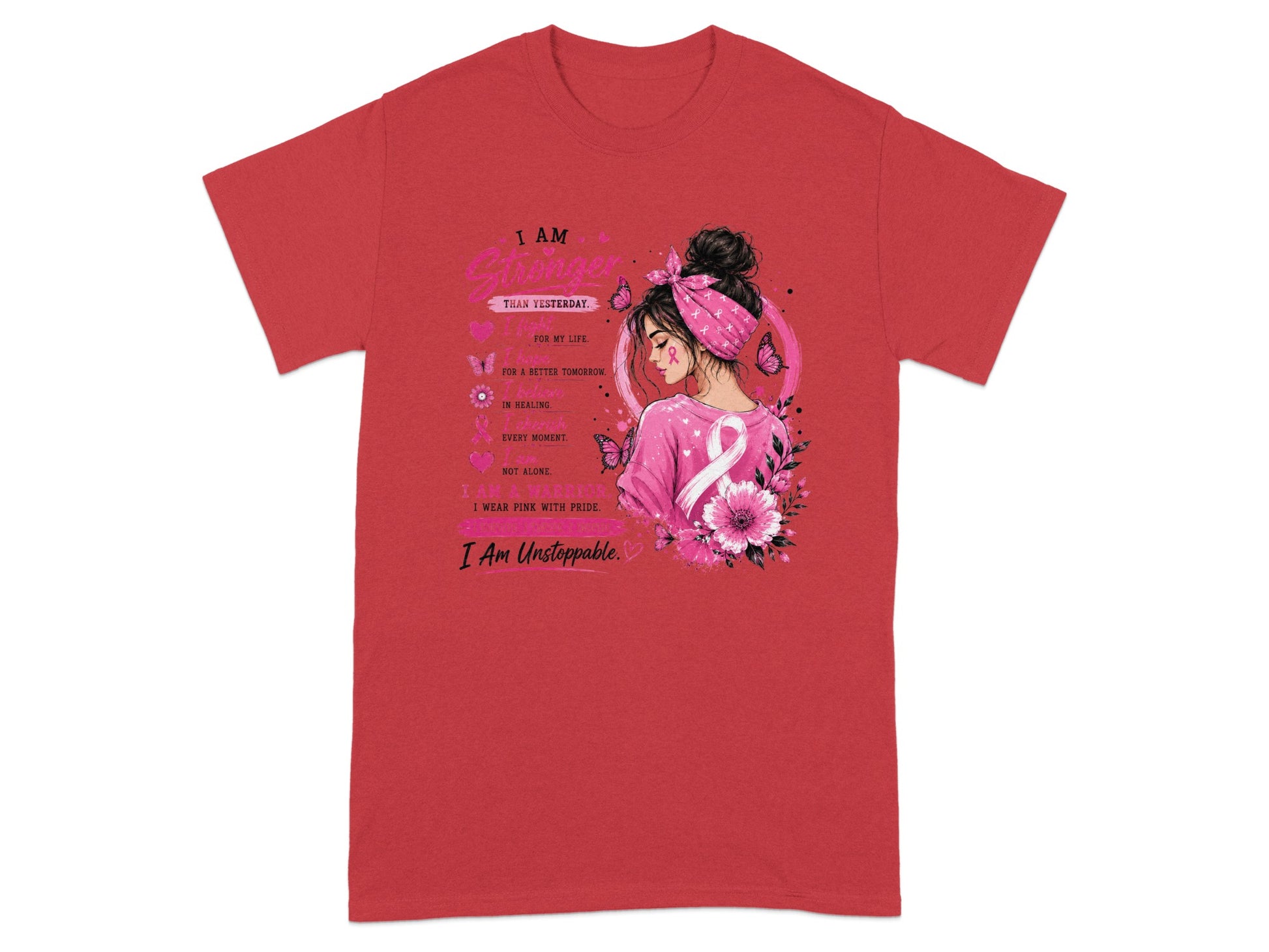 "I AM Stronger THAN YESTERDAY" graphic with woman and pink ribbon.