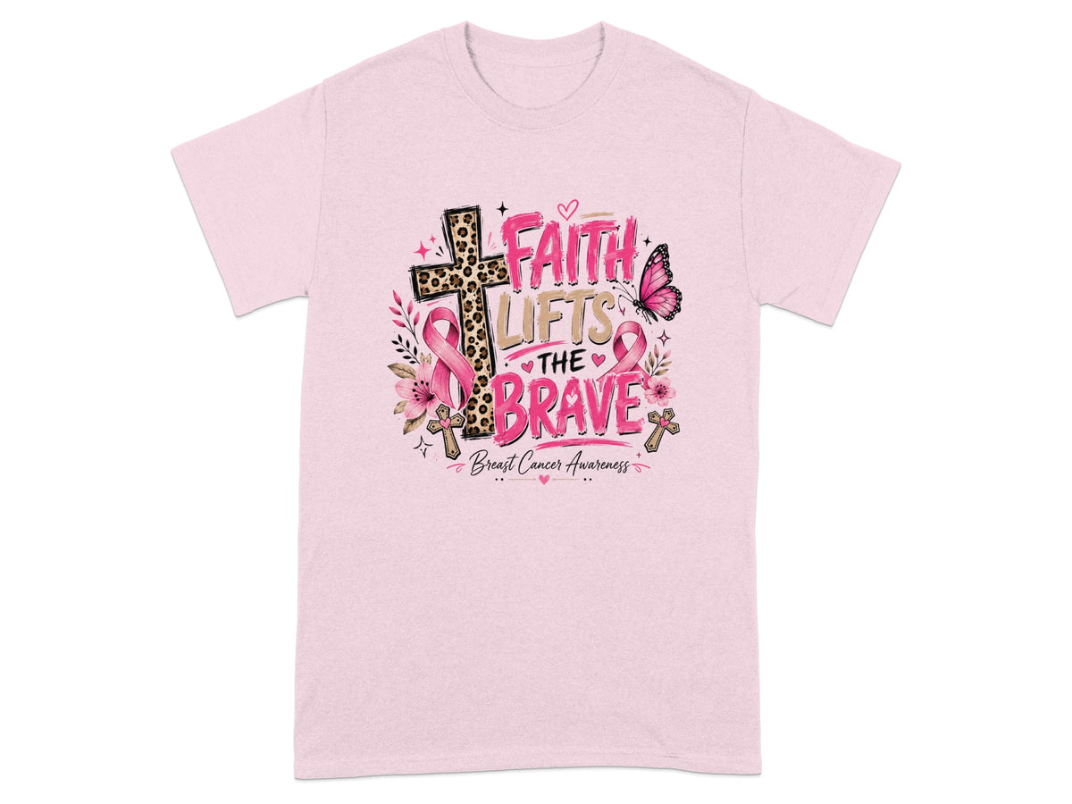 Pink t-shirt with "Faith Lifts The Brave" and breast cancer awareness ribbon design.