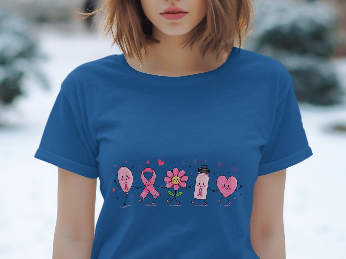 Pink balloon, ribbon, flower, water bottle, and heart characters hold hands with pink ribbons.