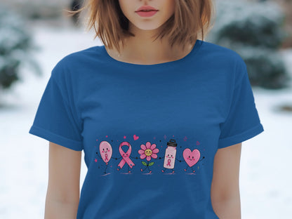 Pink balloon, ribbon, flower, water bottle, and heart characters hold hands with pink ribbons.