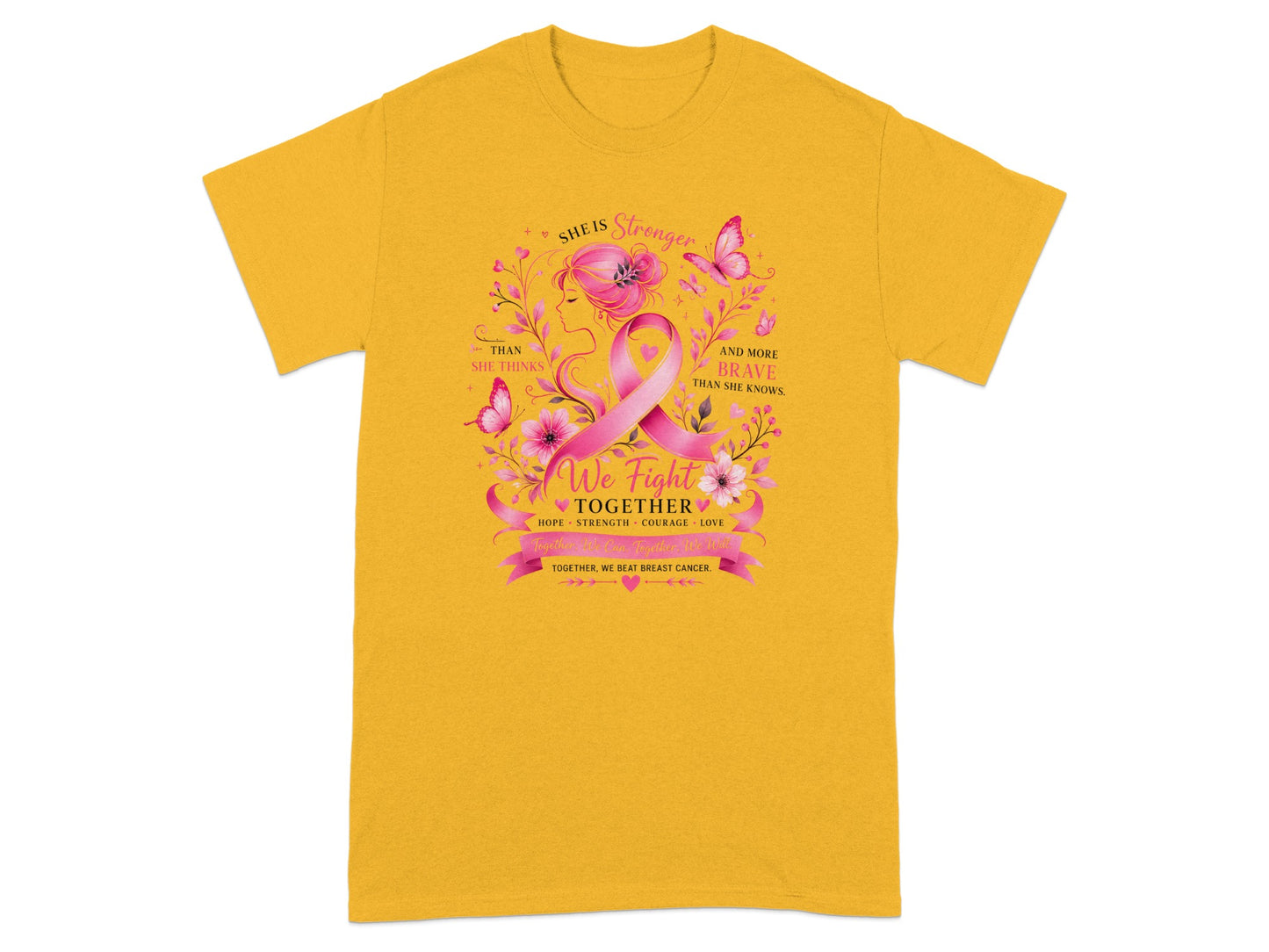 Yellow t-shirt with breast cancer awareness design, featuring a woman and pink ribbon.