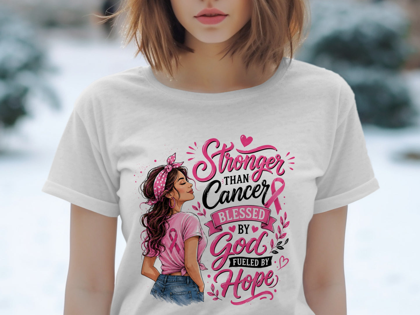 White t-shirt with "Stronger Than Cancer Blessed By God Fueled By Hope" text and ribbon graphic.