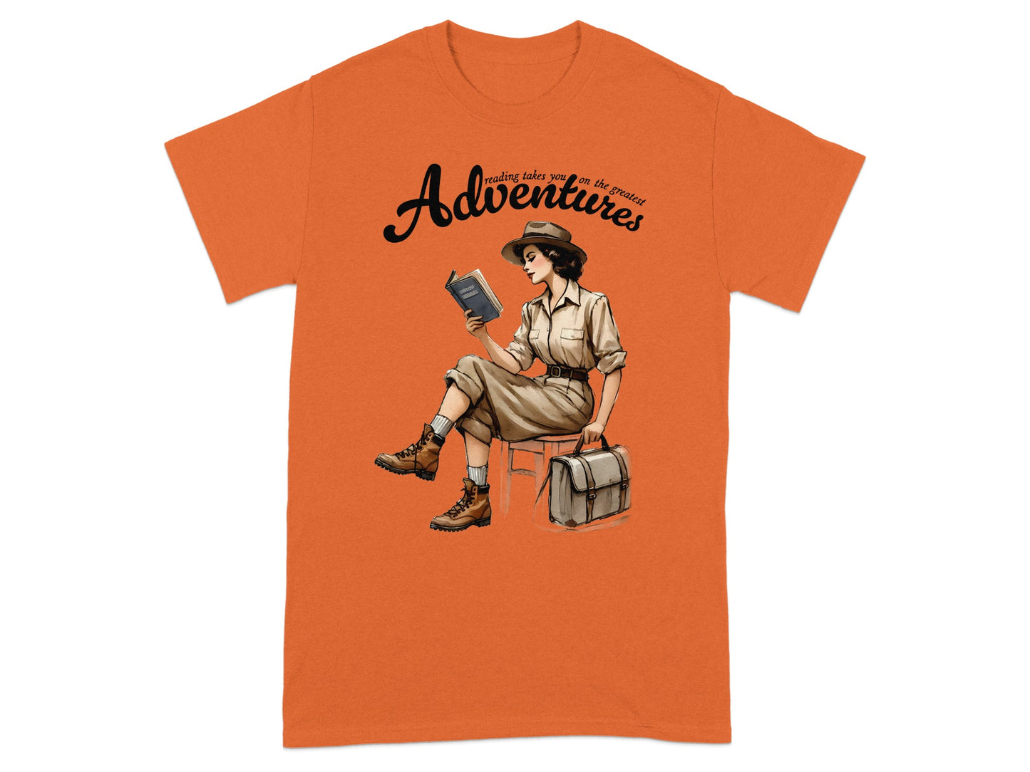 Woman in safari outfit reading book with "Adventures" text above.