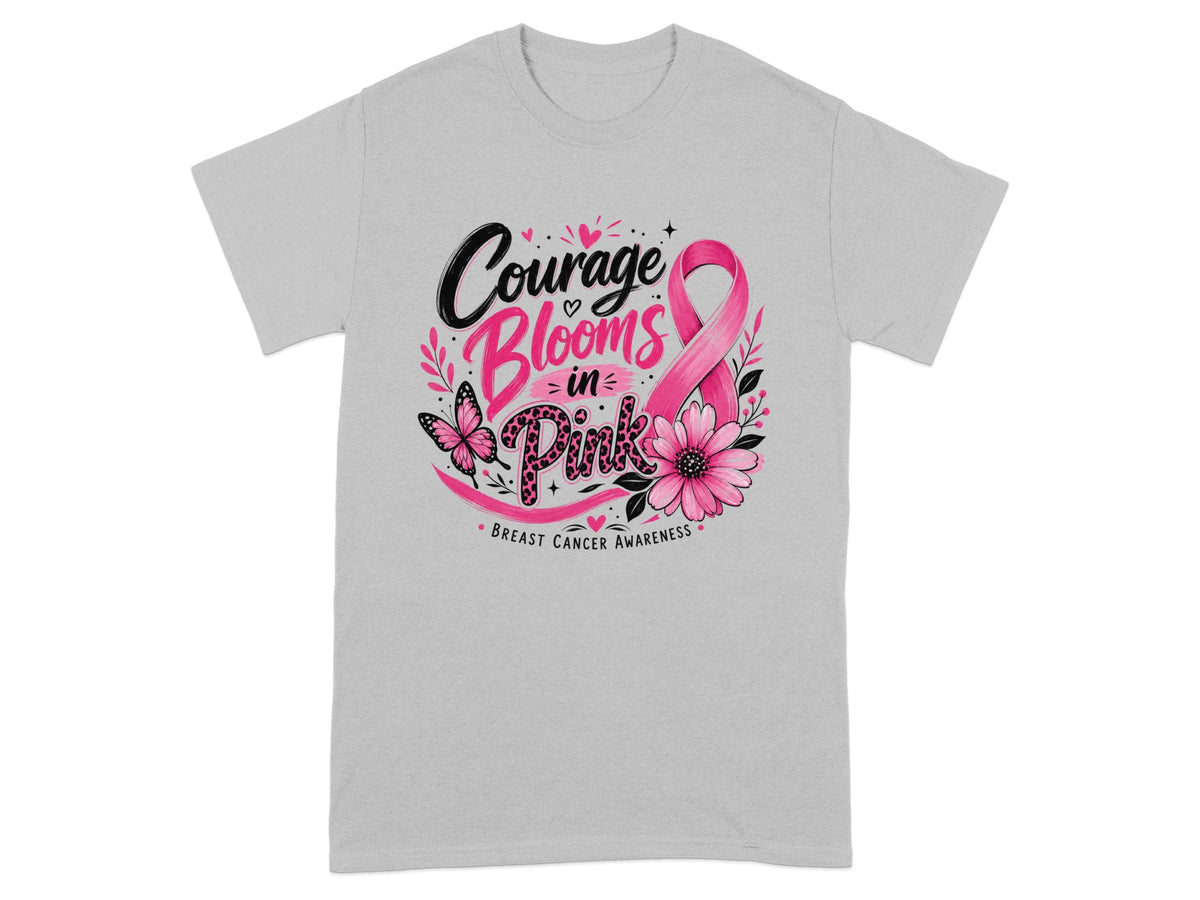 Gray t-shirt with "Courage Blooms in Pink Breast Cancer Awareness" design.