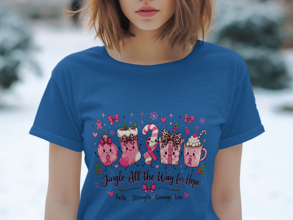 Jingle All the Way for Hope shirt with Christmas characters and breast cancer awareness ribbons.