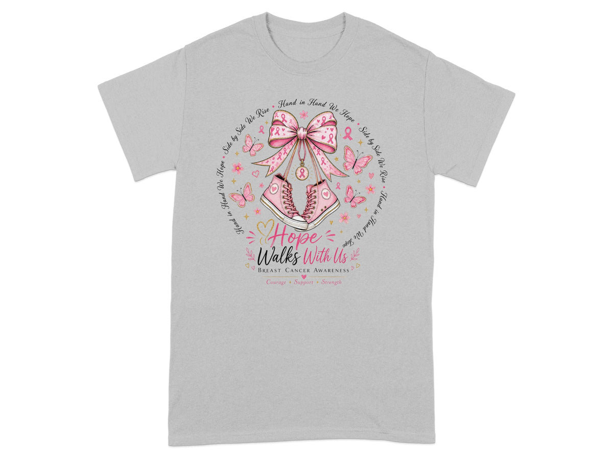 Hope Walks With Us breast cancer awareness graphic with pink sneakers and ribbons.