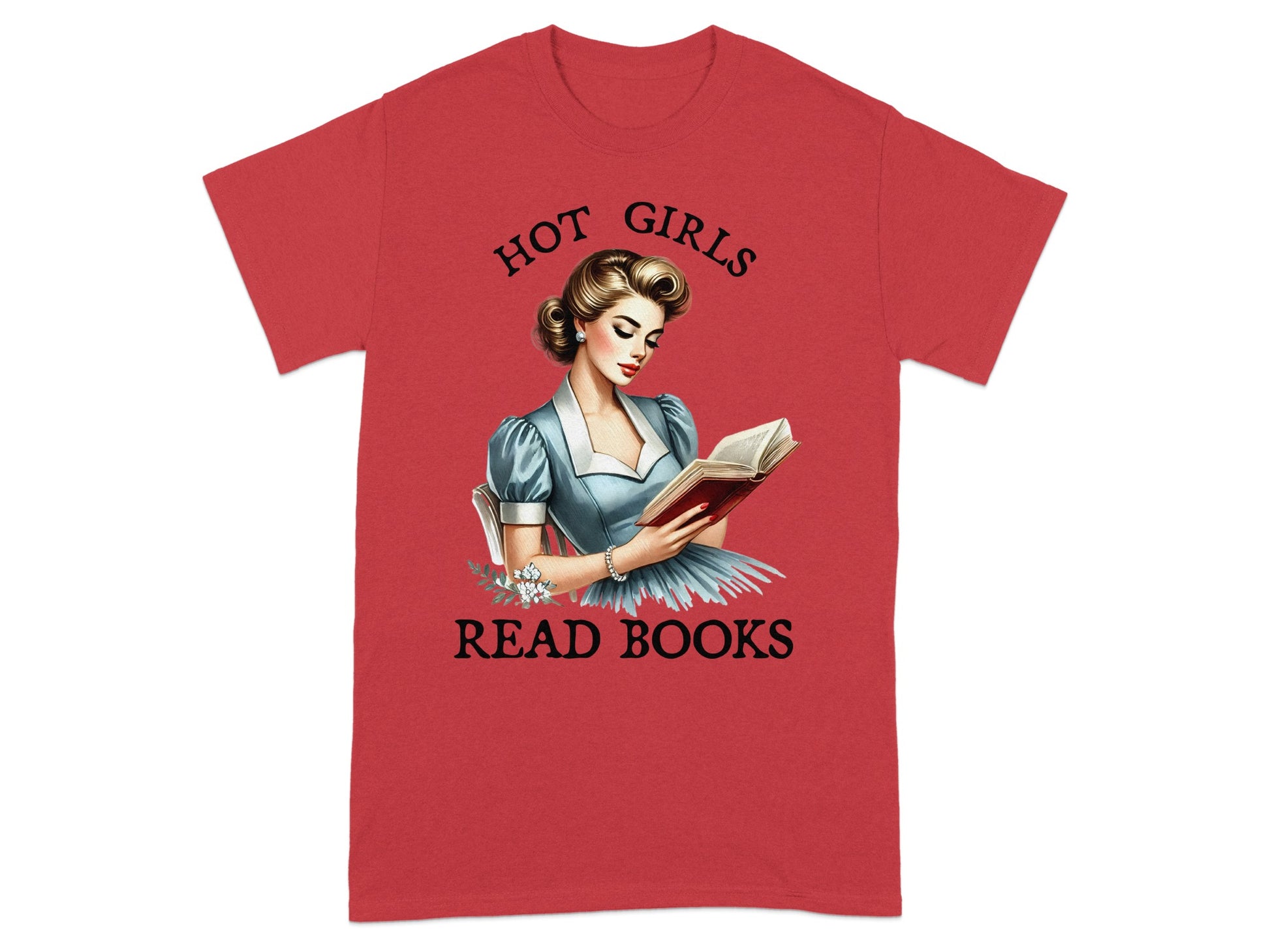 Red t-shirt with "HOT GIRLS READ BOOKS" text and vintage illustration.