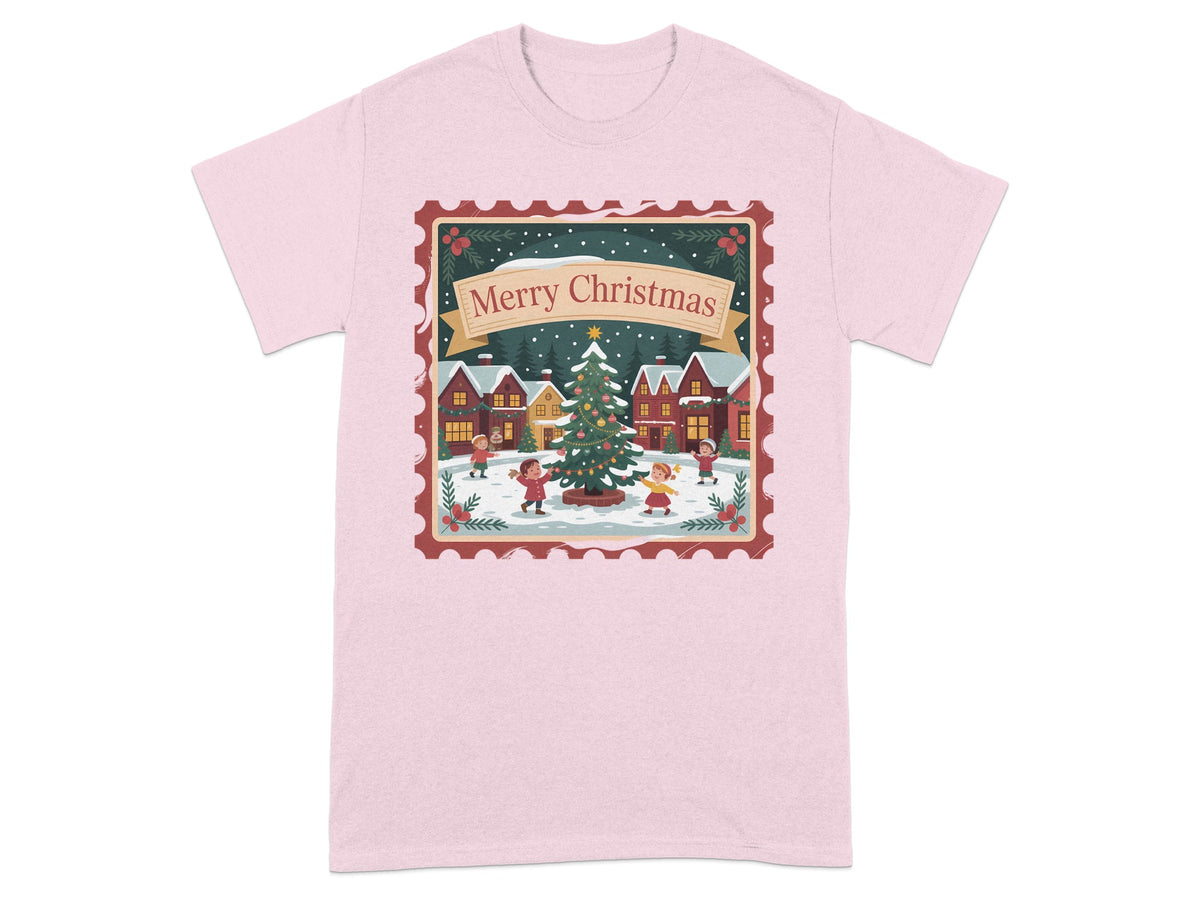 Christmas village scene with "Merry Christmas" banner and children around a tree.